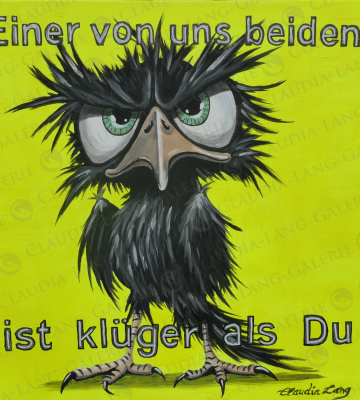 Demetrius ist ein leicht zerfledderter Jung-Rabe mit dem Selbstbewusstsein eines Adlers. Er ist öfter mürrisch weil er so überhaupt kein Verständnis für Dummheit mitbringt, und Geduld zählt auch nicht zu seinen Stärken. Aber er fordert jede/n Betrachter/in dazu auf, das Beste zu geben, denn weniger wäre Stümerpei! Und sein "Echt-jetzt!?-Blick" macht selbst den gelassensten Menschen leicht nervös. - Ein klassisches Büro-Bild eben! - Gibts auch als kostengünstigen limitierten Druck!