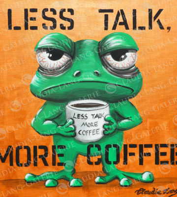 Frogo der Frosch, ist kein Morgenmensch. Er fängt ganz eindeutig nicht den frühen Wurm, sondern holt sich lieber die späte Tasse Kaffee.
