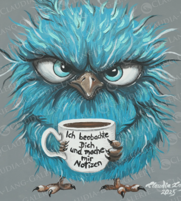 Muriel der Vogel, ist die geborene Chefin! Sie verfügt über den entschiedenen Blick, der Brise Strenge und der geeigneten Botschaft auf ihrer Tasse, um alle nervös zu machen, die glauben, sie dürften hier eine ruhige Kugel schieben. Ihr entgeht einfach Nichts, und daher ist das Bild für alle Arbeitsplätze geeignet, aber besonders für Chef-Zimmer und Besprechungsräume. - Ein wunderbares Humor-Accessoire für jede Wand! - Gibts auch als kostengünstigen limitierten Druck!